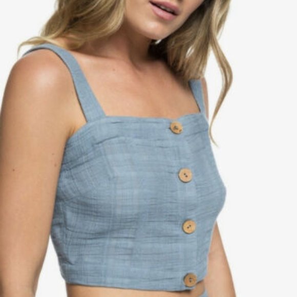 Roxy Tops - Roxy Ocean Groove Button Front Cropped Top Blue